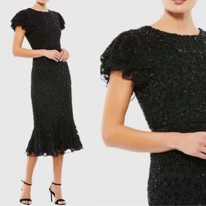 Mac Duggal Black Embellished Ruffled Midi Dress